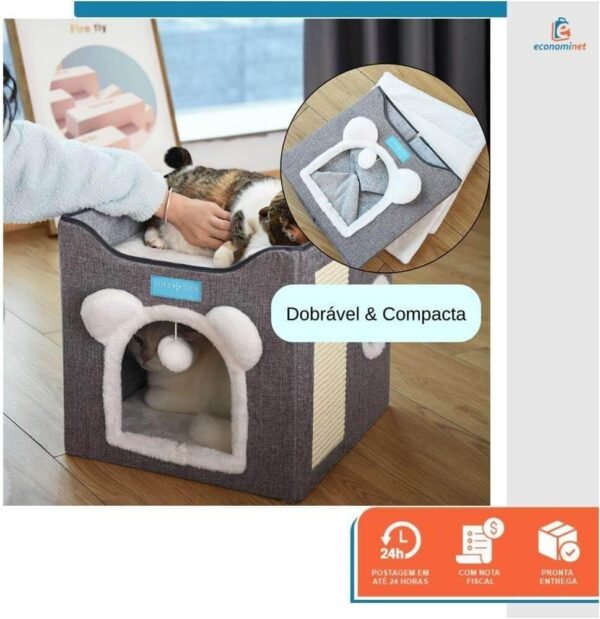 Casa Cama para Gatos Pet 2x1 Toca 2 Andares Dobravel Ninho Brinquedo Arranhador Cinza - Duke & Dixie - Imagem 6