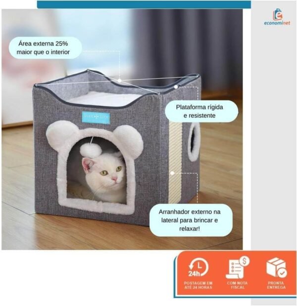 Casa Cama para Gatos Pet 2x1 Toca 2 Andares Dobravel Ninho Brinquedo Arranhador Cinza - Duke & Dixie - Imagem 7