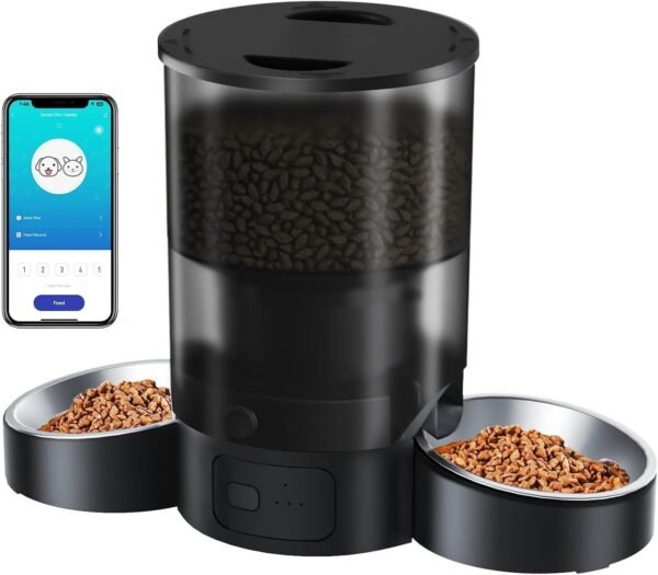 Alimentador de Animais de Estimação com Voz WIFI, Comedouro Automatico para Gatos, Distribuidor de Comida para Gatos com Tigela Dupla Cronometrada