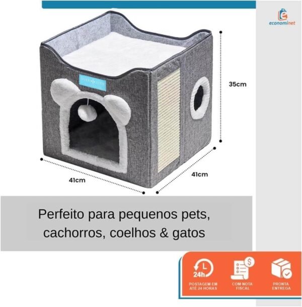 Casa Cama para Gatos Pet 2x1 Toca 2 Andares Dobravel Ninho Brinquedo Arranhador Cinza - Duke & Dixie - Imagem 2
