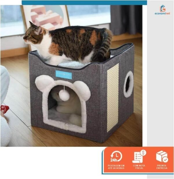 Casa Cama para Gatos Pet 2x1 Toca 2 Andares Dobravel Ninho Brinquedo Arranhador Cinza - Duke & Dixie - Imagem 8
