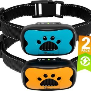 Coleira anti-latido recarregável – Coleira para cães de treinamento sem choque – Humana com vibração e som para cães pequenos, médios e grandes – Pacote com 2 azul laranja (recarregável)