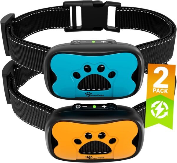 Coleira anti-latido recarregável – Coleira para cães de treinamento sem choque – Humana com vibração e som para cães pequenos, médios e grandes – Pacote com 2 azul laranja (recarregável)