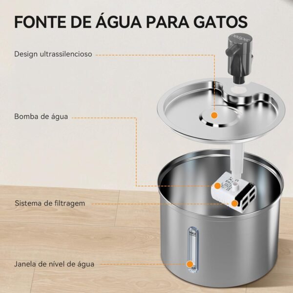 Bebedouro para Gatos, 3L Fonte Gato Inox Comedouros, Bebedouros e Acessorios para Gatos, Silenciosa, Bivolt - Imagem 4