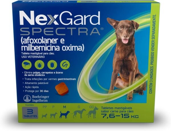 NexGard Spectra Antipulgas e Carrapatos e Vermífugo para Cães 7,6-15kg - 3 tabletes