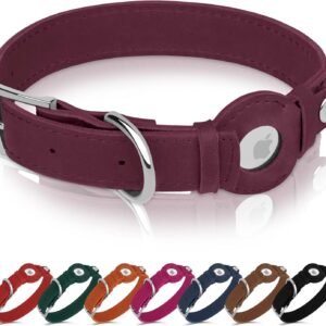 Coleira de couro para cães com suporte para Airtag - Coleiras para cães Apple AirTag - Coleira inteligente de rastreamento macio para cães pequenos, médios e grandes (vinho, P, ajuste de pescoço de 23