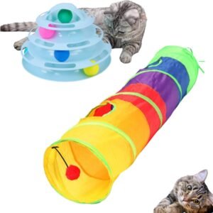 2 Brinquedo Interativo para Gato Torre + Tunel Pet Bolinha Labirinto (AZUL)