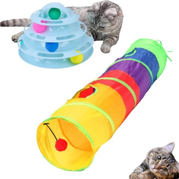 2 Brinquedo Interativo para Gato Torre + Tunel Pet Bolinha Labirinto (AZUL)