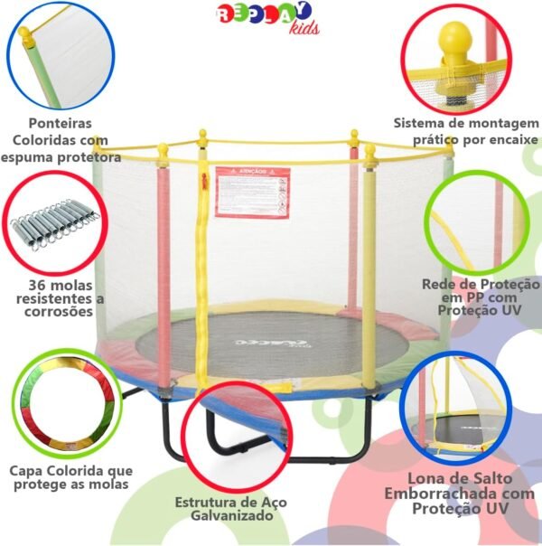 Replay Kids Cama Elástica Pula Pula Trampolim 1,52m, Rede e Lona de Salto com Proteção UV, 36 Molas Revestidas em PVC (até 50 kgs), Multicolorida - Image 4