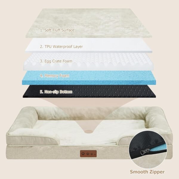Cama ortopédica para cães tamanho médio bege sofá-cama com capa lavável removível de espuma viscoelástica sofá-cama confortável para cães (M, bege) - Imagem 4