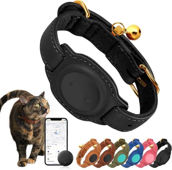 Cat Tracker, GPS Pet Tracker para gatos (apenas iOS), coleira de couro para gatos com rastreador, funciona com qualquer coleira, sem taxa mensal, compatível com Apple Find My App não para Android